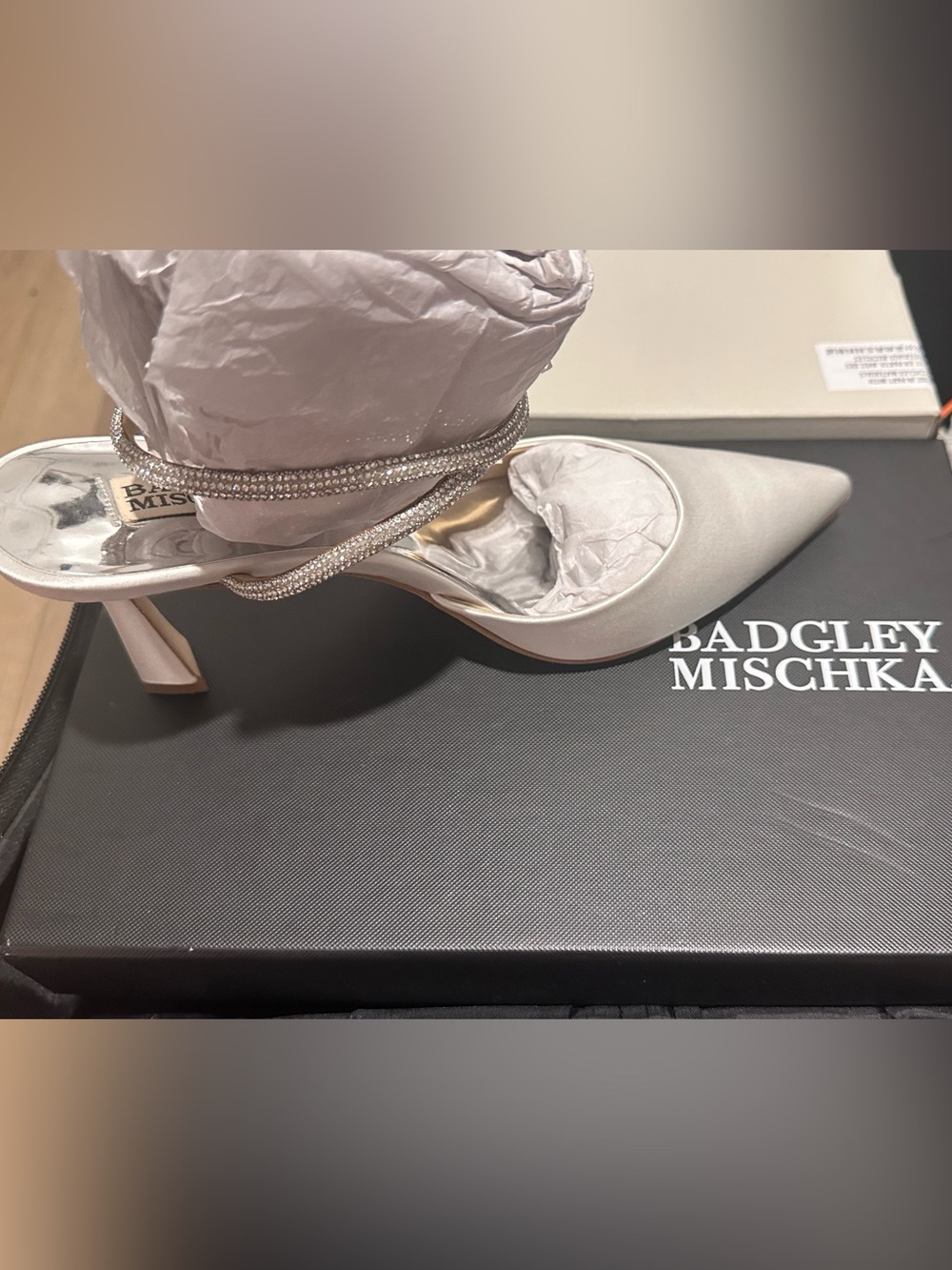 Badgley Mischka Ivory Satin Pointed-Toe Ankle-Strap Heels with Crystal Strap - Picture 4 of 5